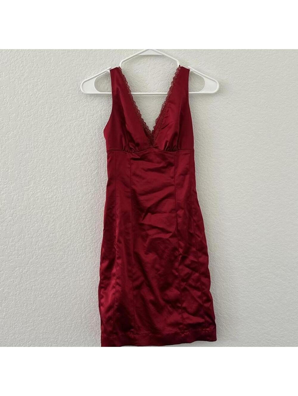 Bebe red satin mini dress with lace trim